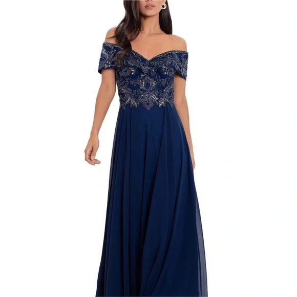 xscape navy beaded dress XSCAPE Navy/Silver Beaded Formal Gown – Recycled Threads
